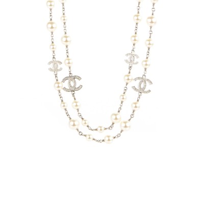 CHANEL CRYSTAL PEARL CC LONG NECKLACE SILVER 260MM 169293